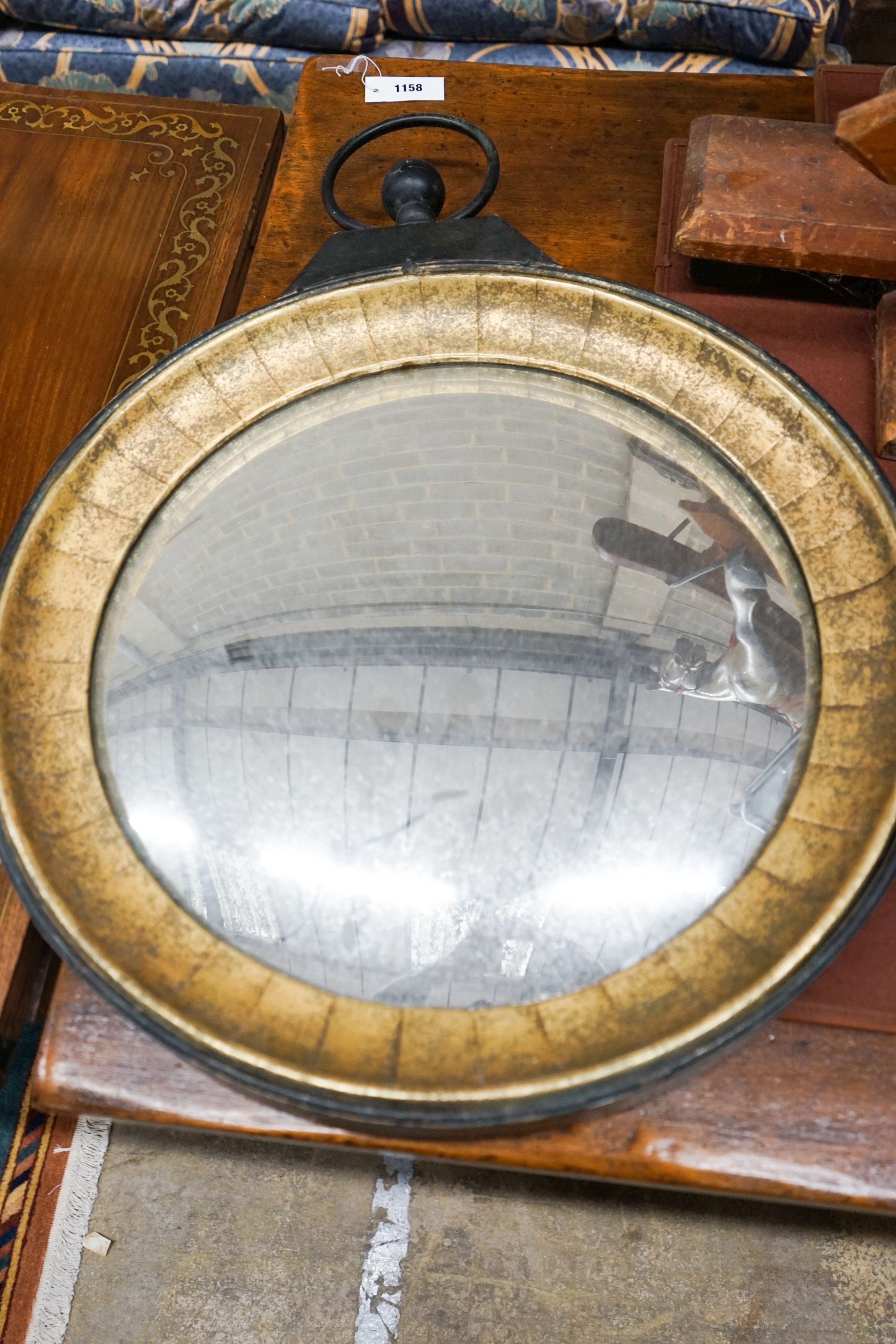 A pair of Victorian style black metal square lanterns, height 68cm together with one other and a reproduction convex wall mirror
